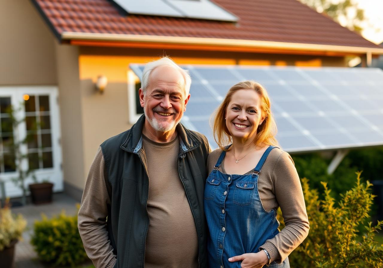 Zufriedenes deutsches Ehepaar vor seinem Haus mit Solaranlage