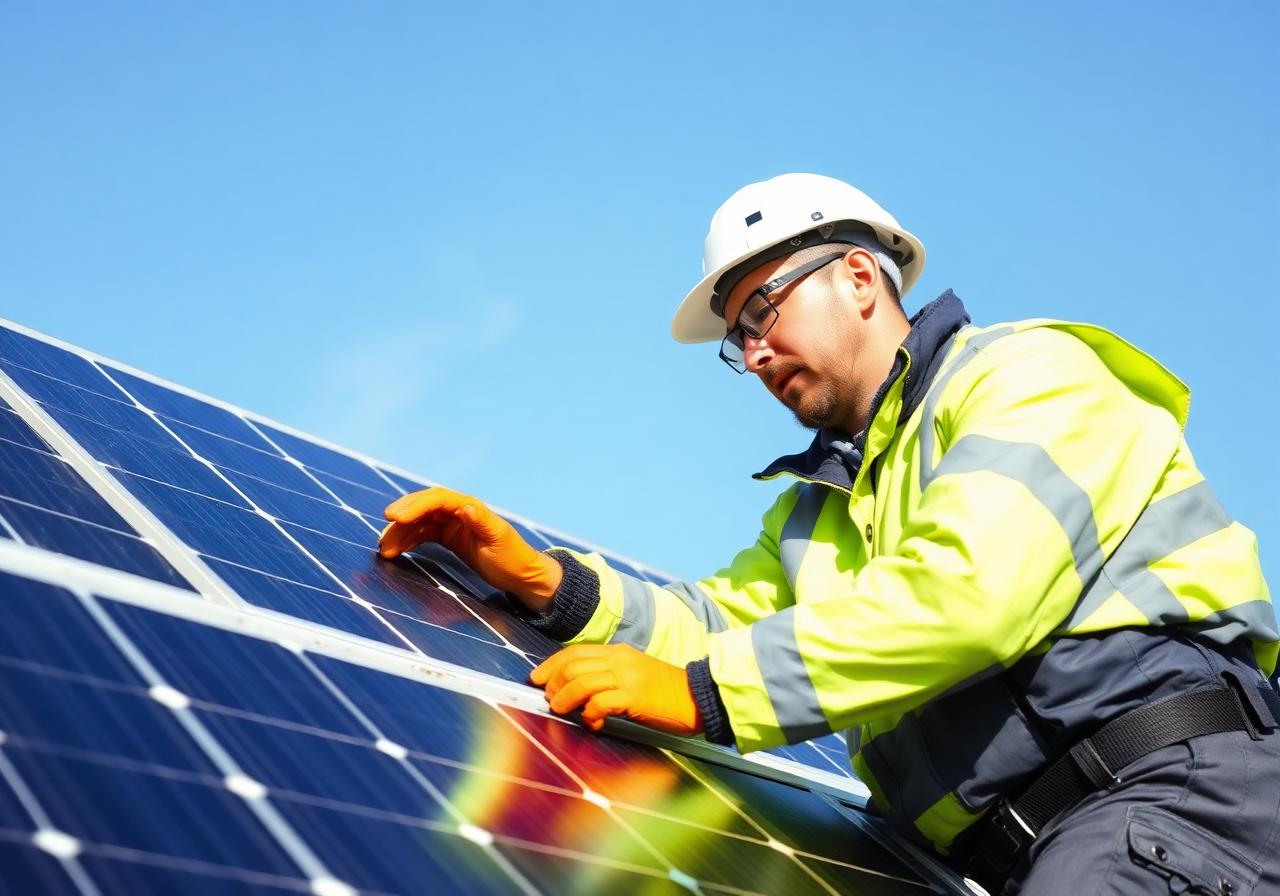 Techniker installiert Solarmodule auf einem Wohnhaus